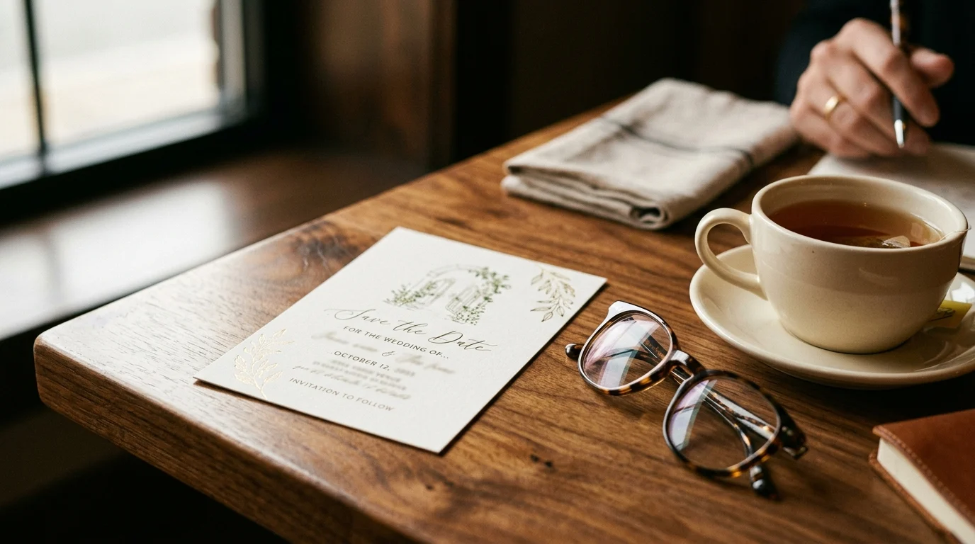 A wedding Save the Date card on a table symbolizing the wedding plot of the movie.