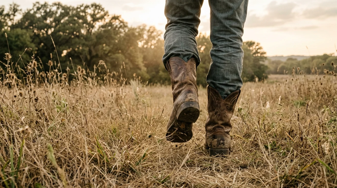Scuffed cowboy boots walking through a dry field.