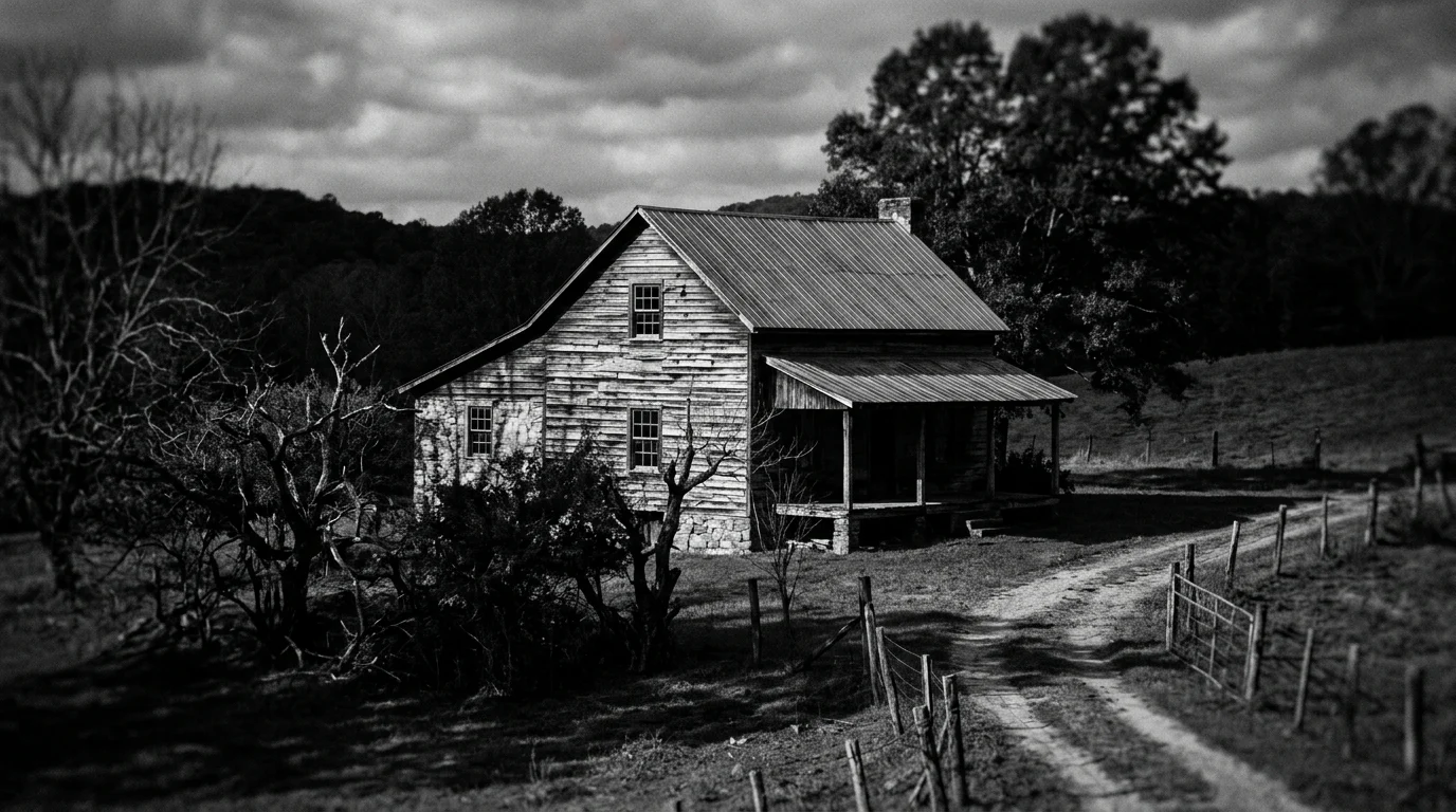 A black and white artistic rendering of a rural Georgian house.