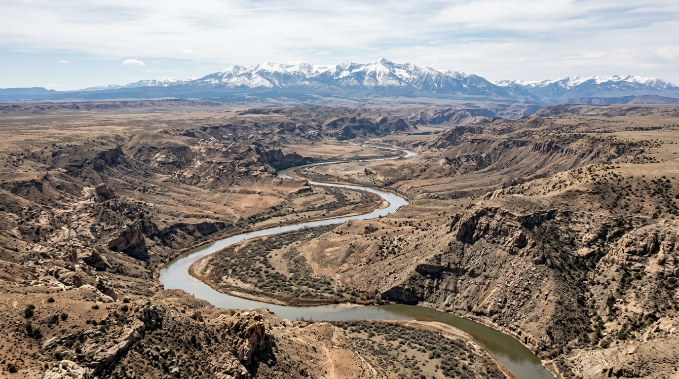 Wide aerial shot of a river through a western valley landscape.