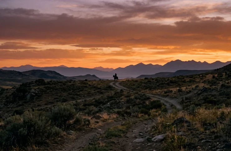 A silhouette of a lone rider on a horse against a sunset in a rugged western landscape.