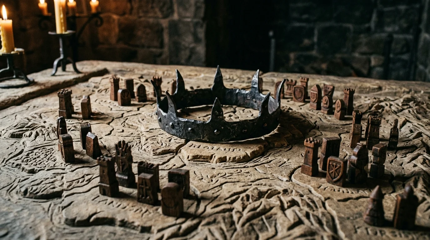 A conceptual image of a crown and a war map representing the conquest of Westeros.