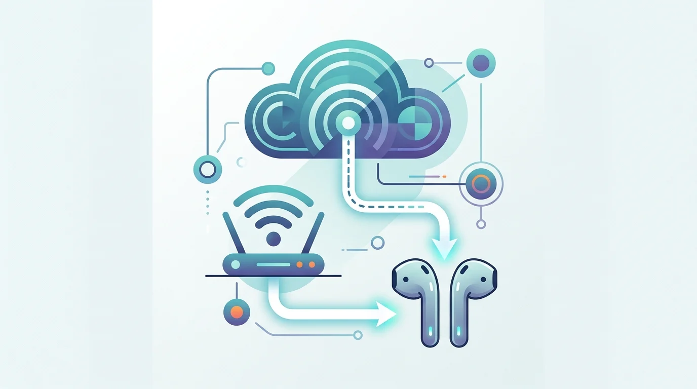 A technical diagram showing earbuds connecting directly to Wi-Fi and cloud services.