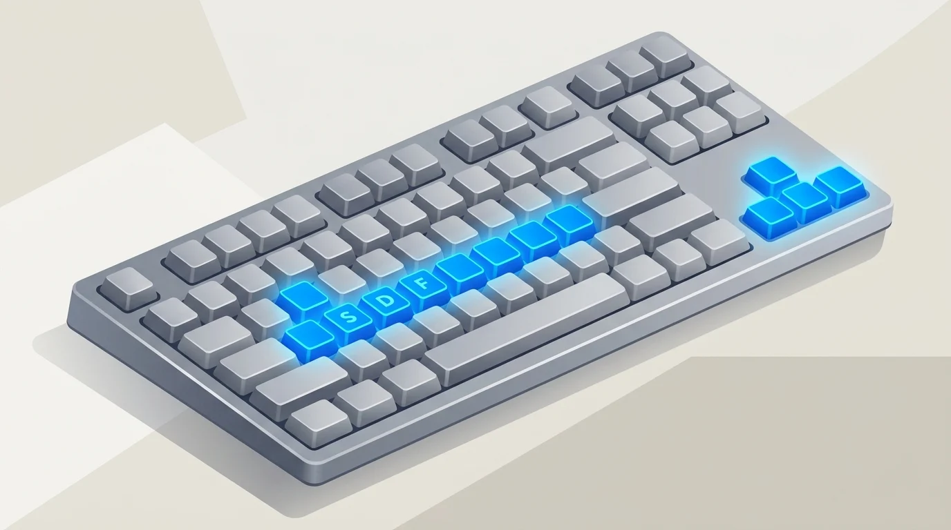 An isometric diagram of a computer keyboard with highlighted interactive keys.