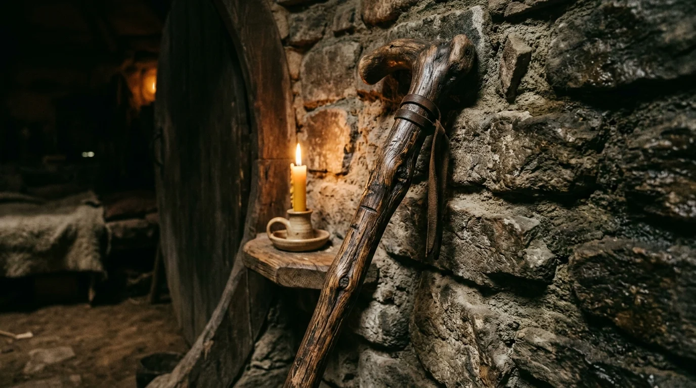 A wooden wizard staff inside a rustic dwelling.