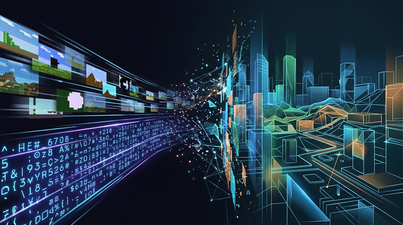 Conceptual image of AI transforming video data into a 3D simulated environment.