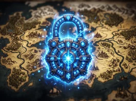 A conceptual image of a digital lock over a fantasy game world map.