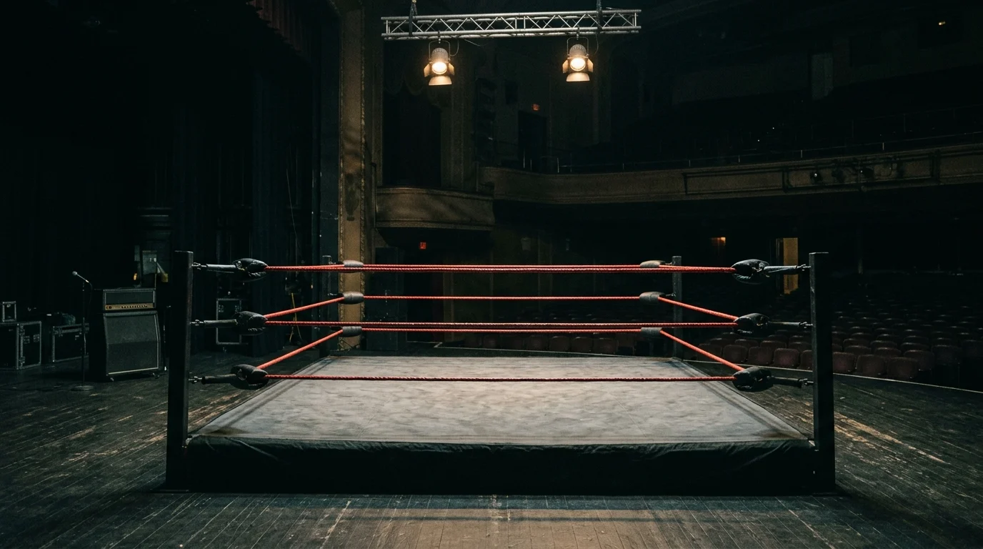 Empty wrestling ring in a dimly lit arena