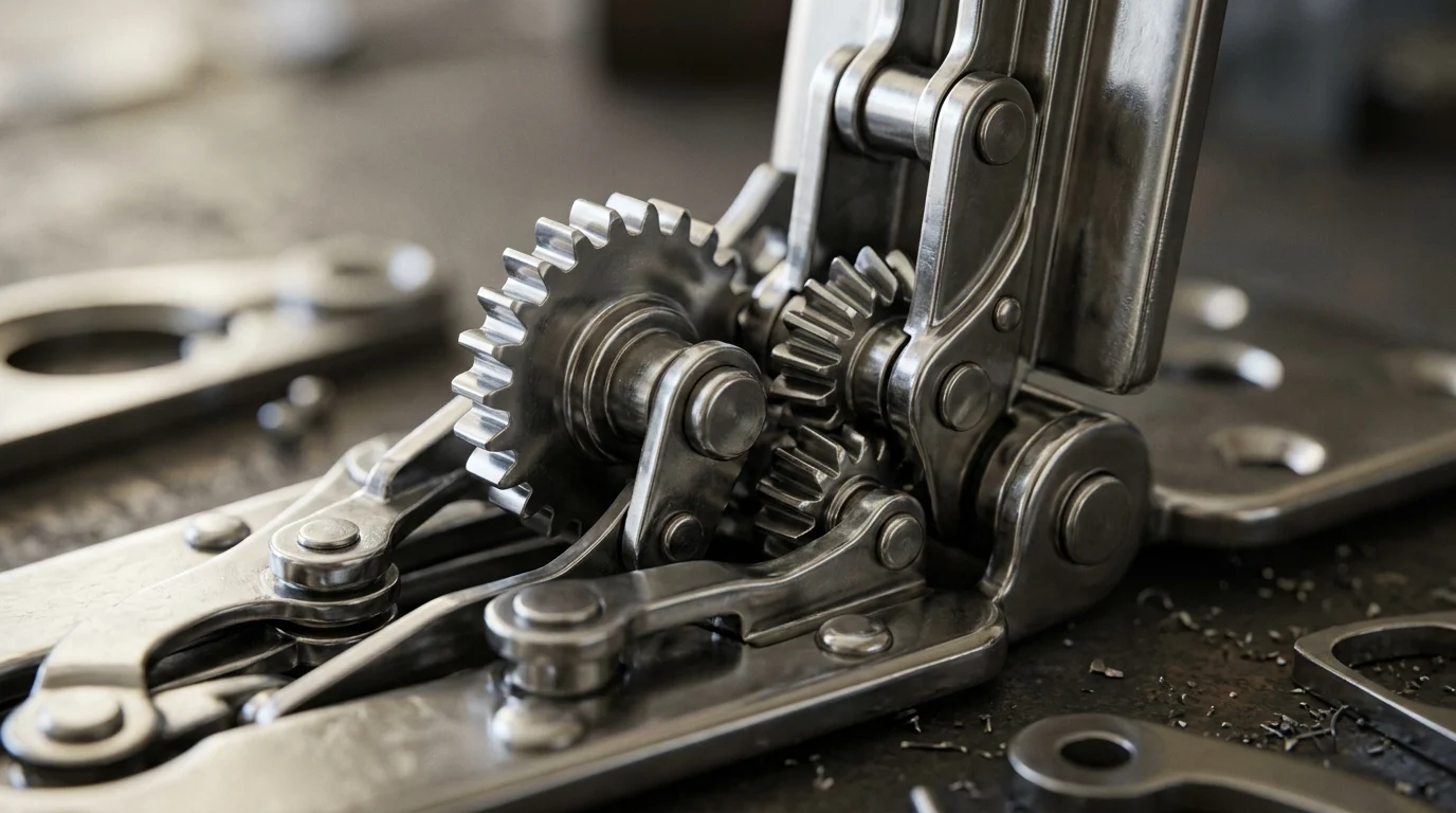 Macro view of a conceptual metallic hinge mechanism.