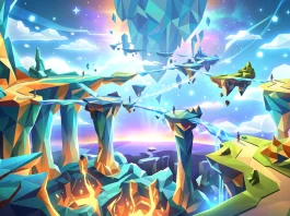 A conceptual 3D game world with floating platforms and vertical terrain.
