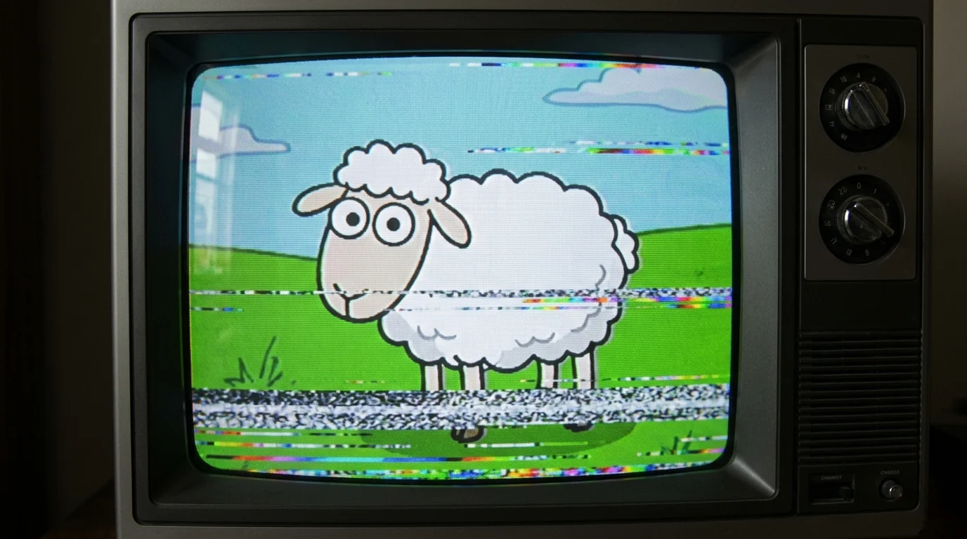 Distorted 90s style children's show animation on a screen.