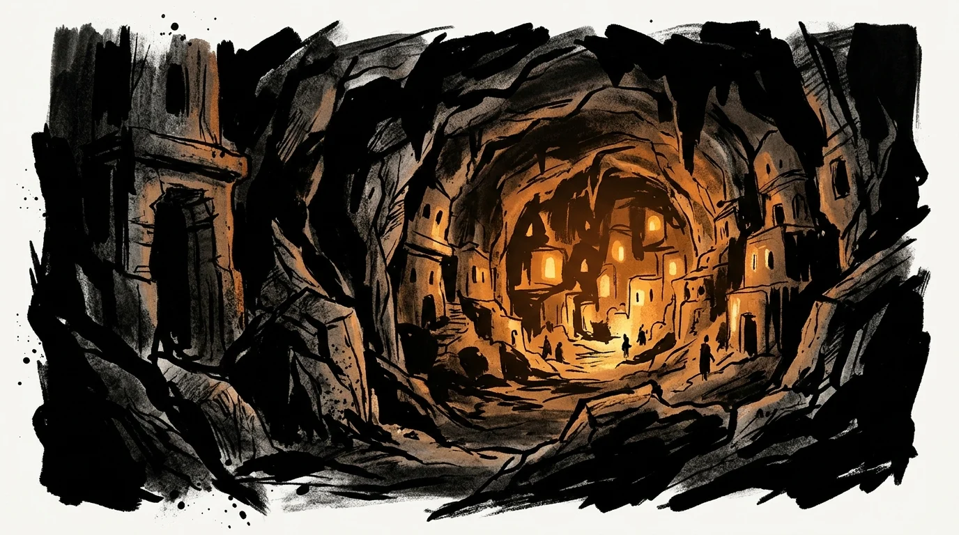 Dark, high-contrast perspective of a jagged subterranean tunnel with long shadows.
