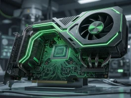 An abstract, conceptual visualization of a high-performance graphics card circuit and cooling architecture.