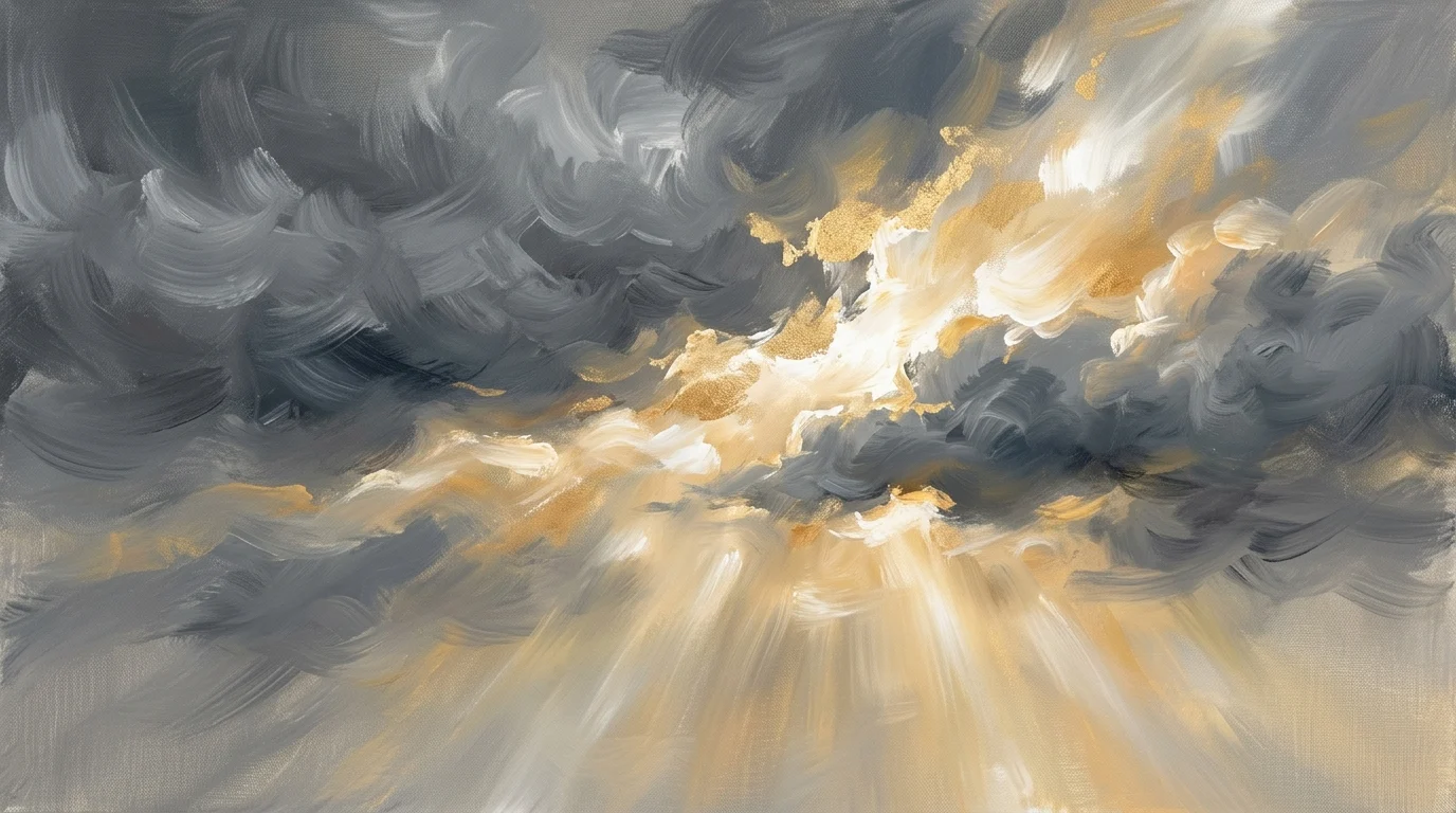 Abstract painting of light breaking through clouds.
