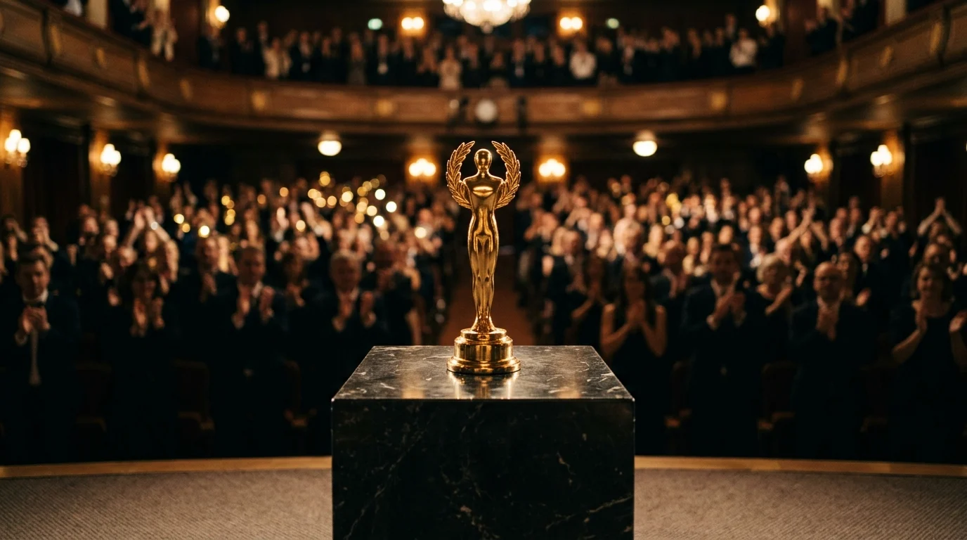 An award statuette on a pedestal at a gala ceremony.