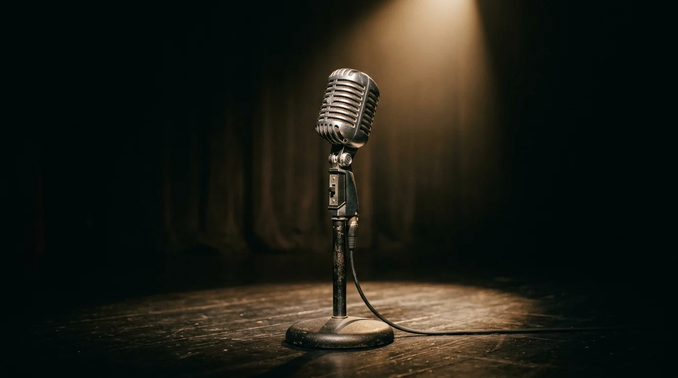 A vintage microphone in a spotlight on a dark stage.