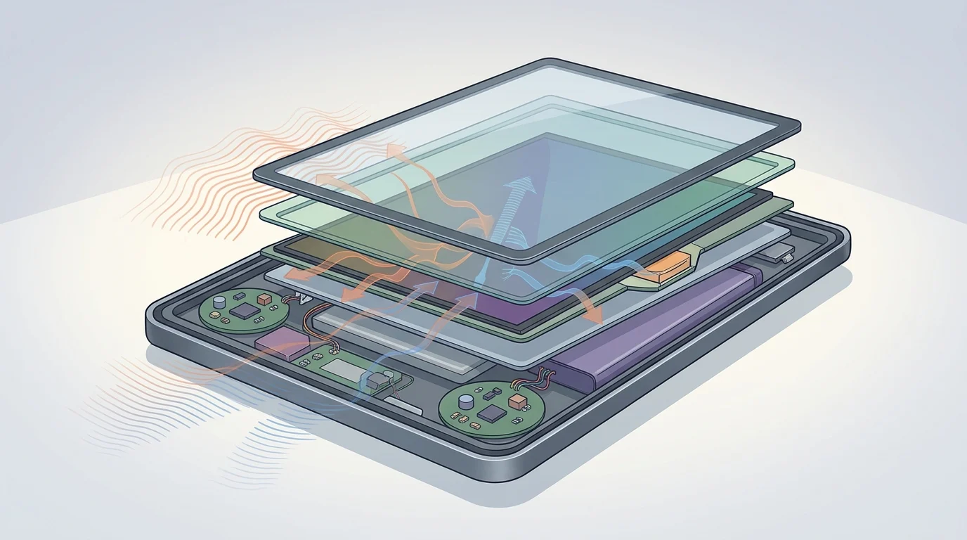 Conceptual diagram of a sealed tablet chassis using acoustic display technology.