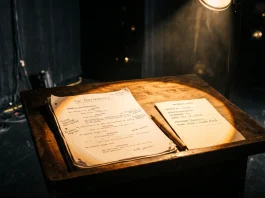 Conceptual image of a theatrical script and a medical insurance card under a spotlight.