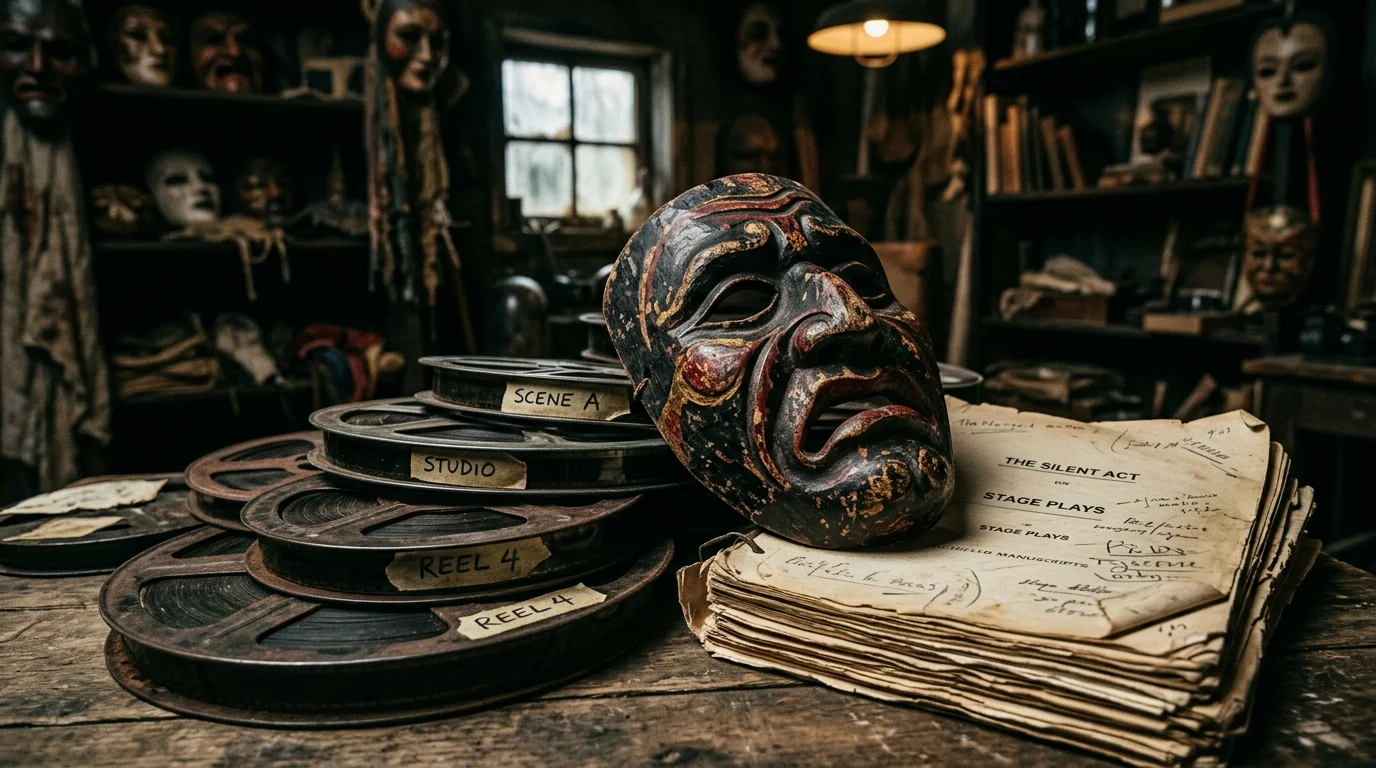 A drama mask on top of scripts and film reels.