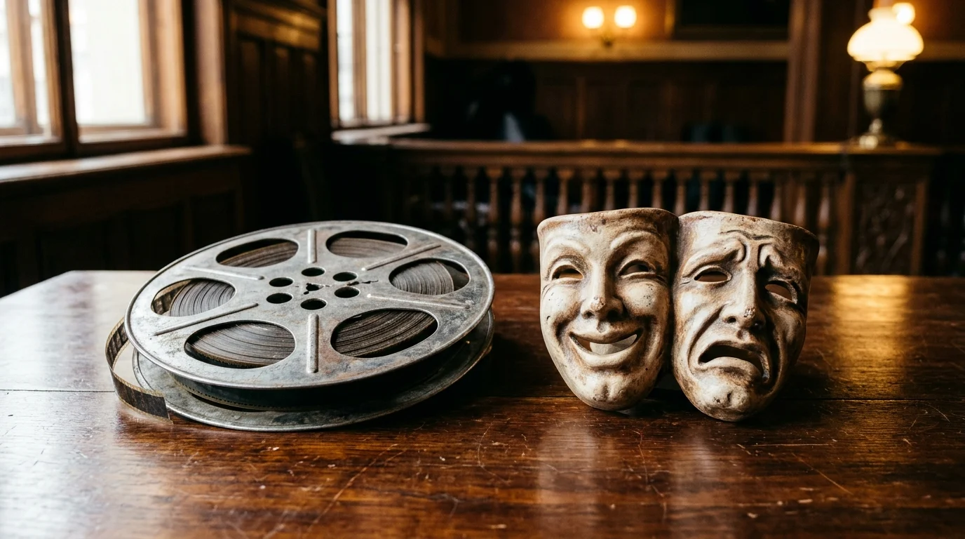 A film reel and theater mask on a table.