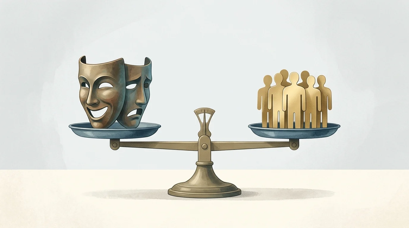 Illustration of a scale balancing acting skill and fame.