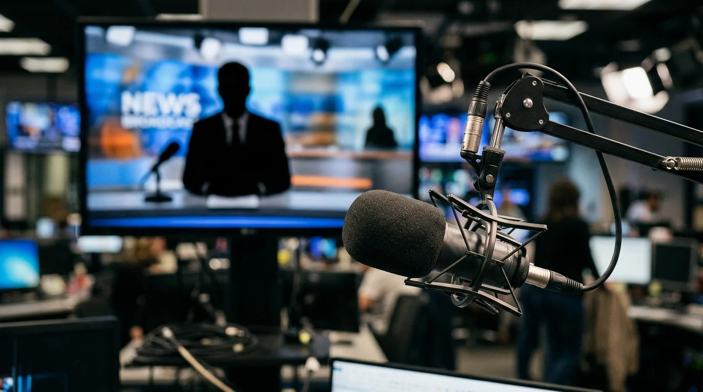 A blurred television studio setting.
