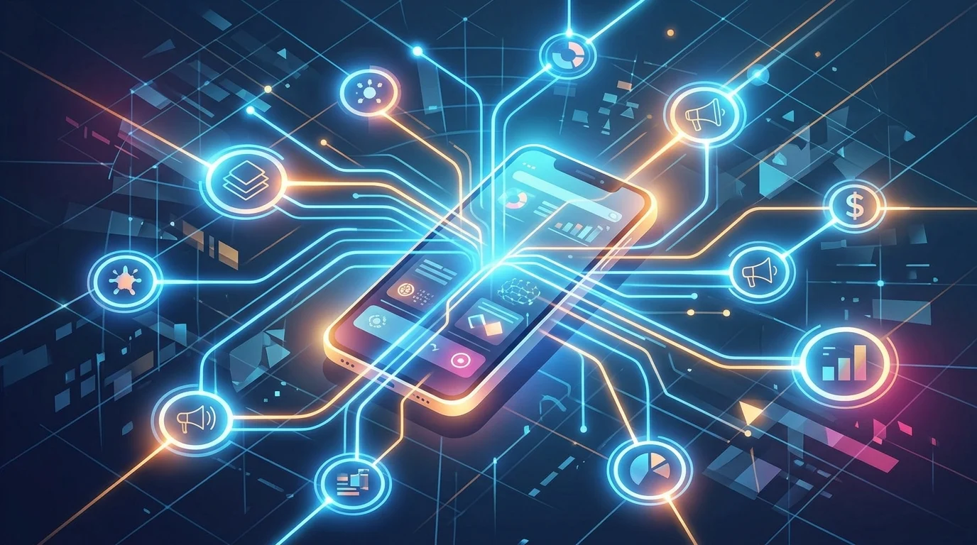 A conceptual illustration of data transmission from a mobile device to an advertising network.
