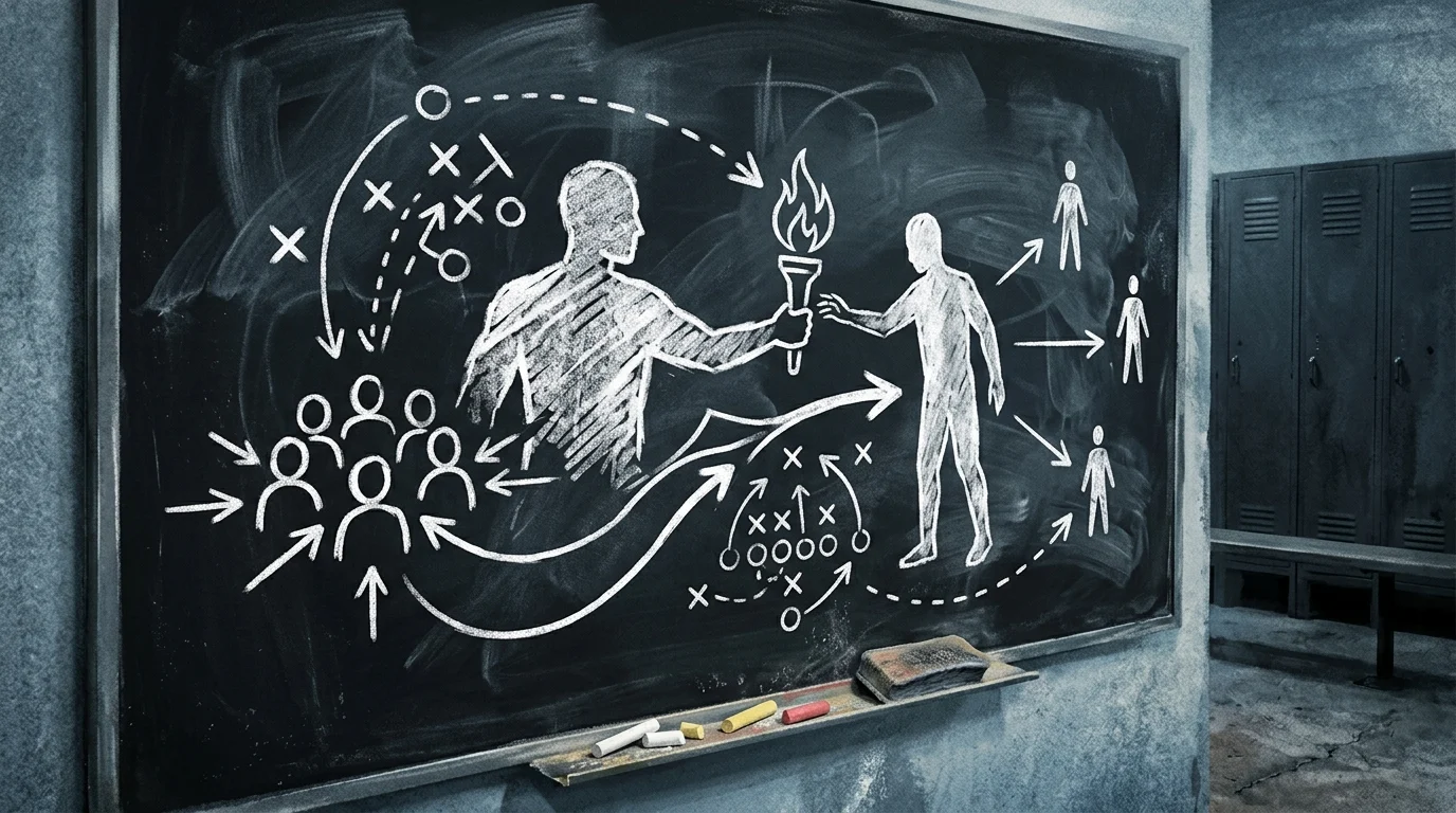 A chalkboard with soccer tactics and arrows showing a shift in management.