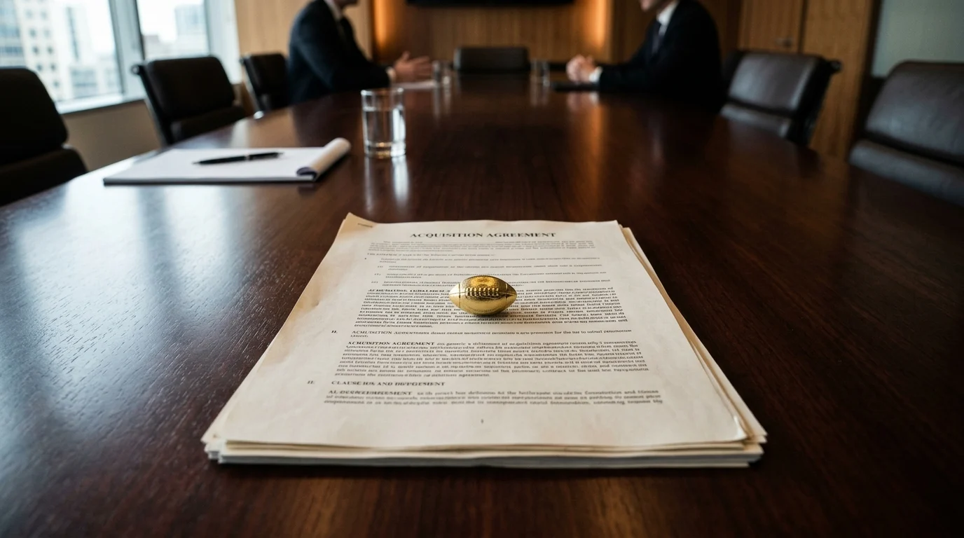 A legal contract and a gold football pin on a boardroom table.