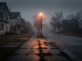 A desolate, foggy suburban street suggesting a post-apocalyptic horror setting.