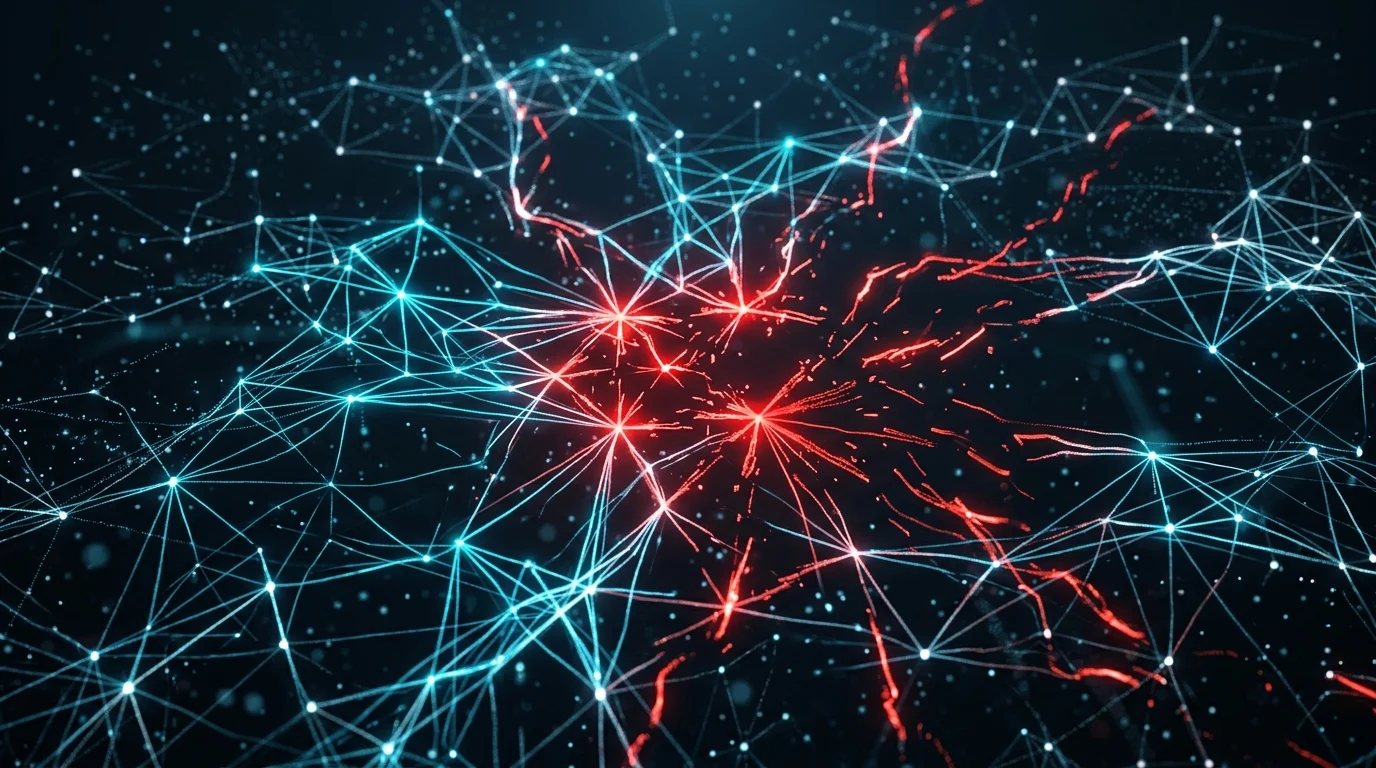 Abstract digital network showing broken connections representing AI system failures.