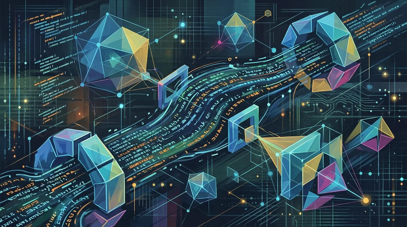 Abstract illustration of AI-assisted coding and agentic workflows.