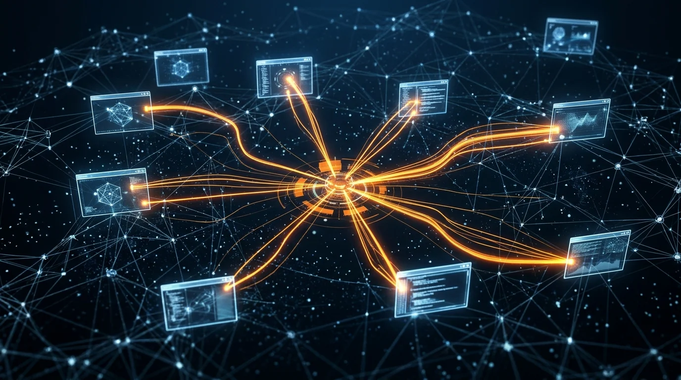 Abstract visualization of AI agent peer interaction and command execution.