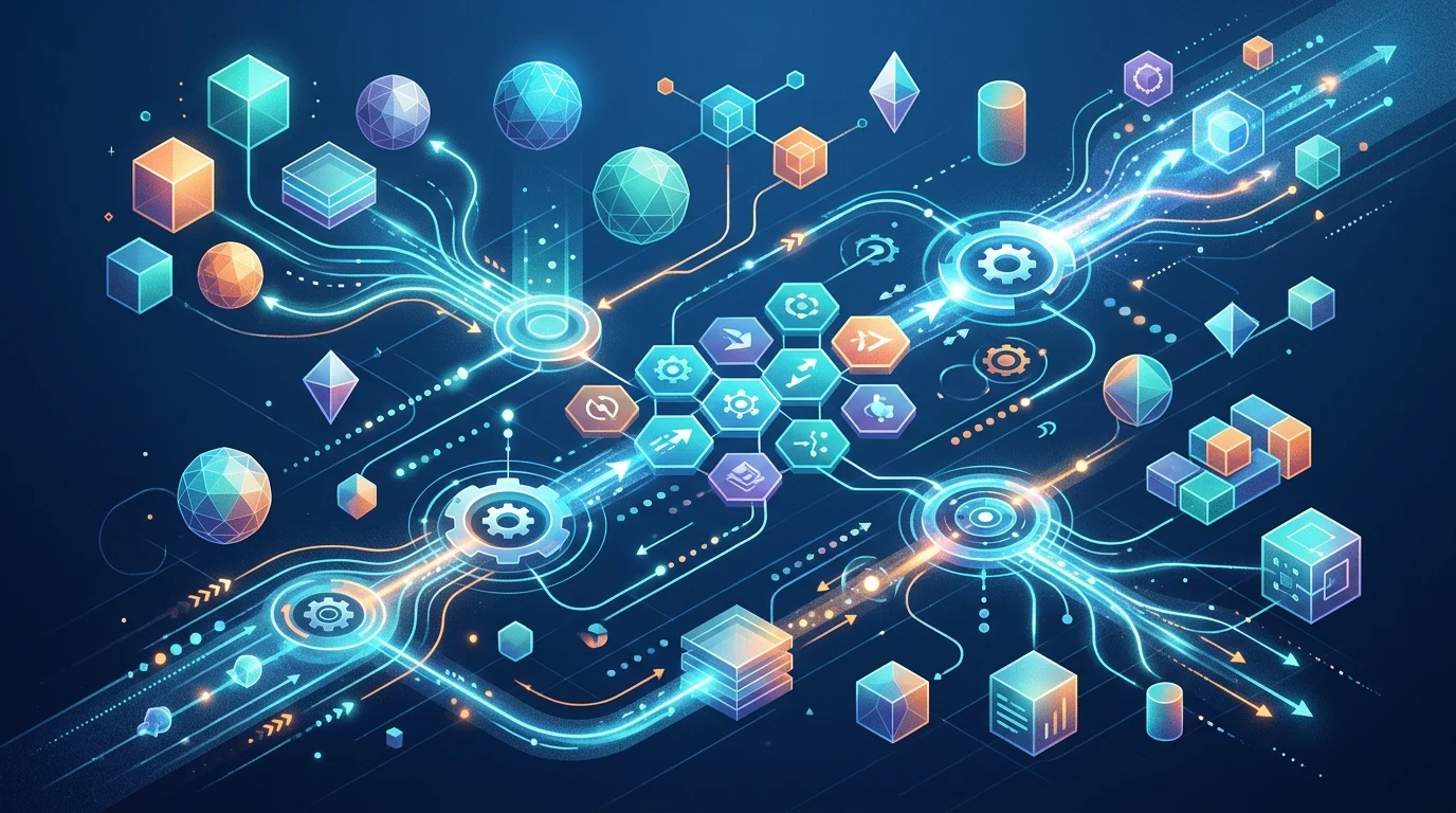 Abstract visualization of digital nodes and data streams representing software integration.