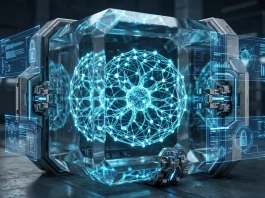 A conceptual 3D render of a neural network contained within a digital glass vault with security overlays.