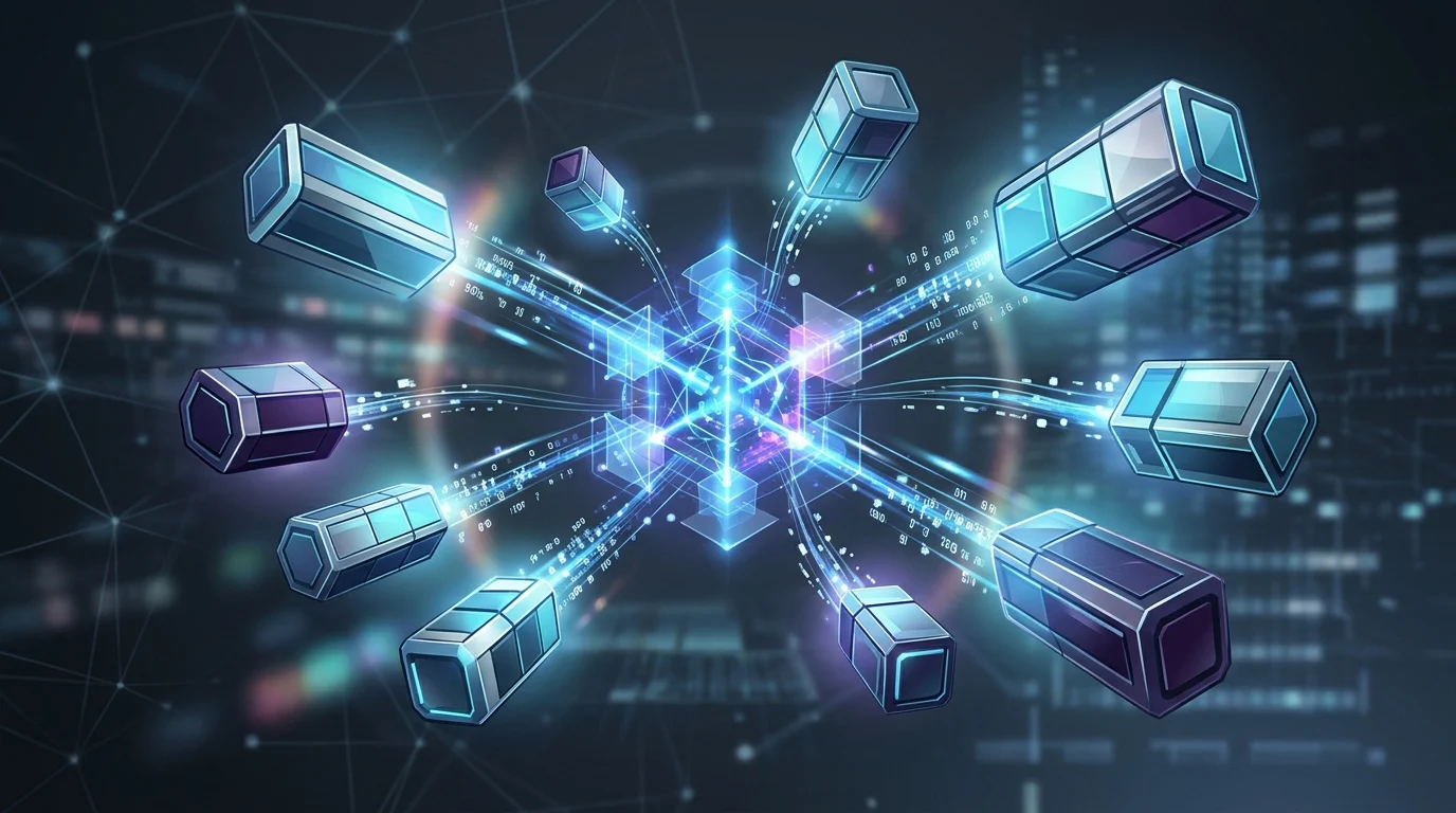 Abstract visualization of data syncing between two platforms.