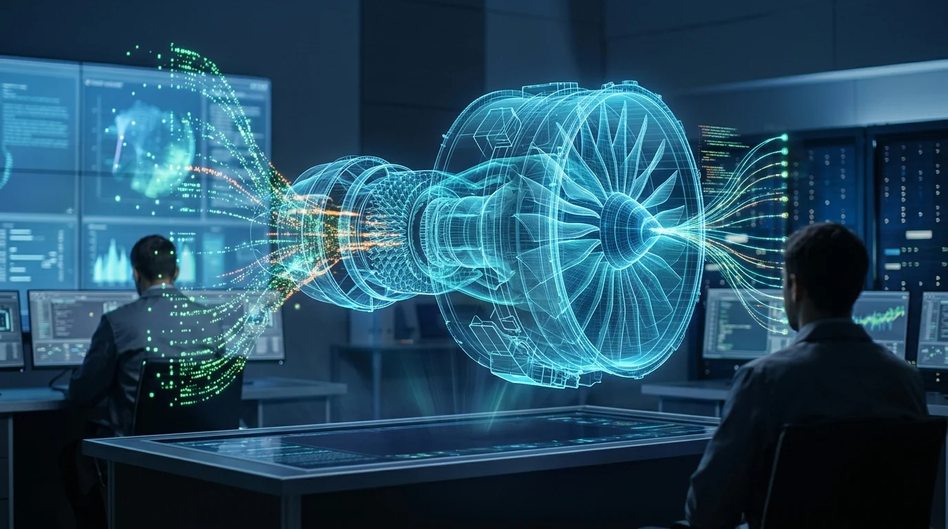 Digital twin of an aerospace component with AI data overlays.