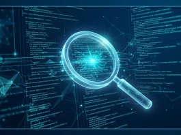 Conceptual digital representation of AI scanning computer code for security vulnerabilities.