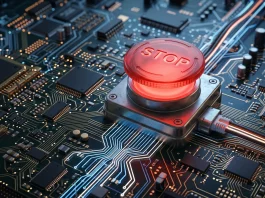 A conceptual digital emergency stop button on a circuit board.