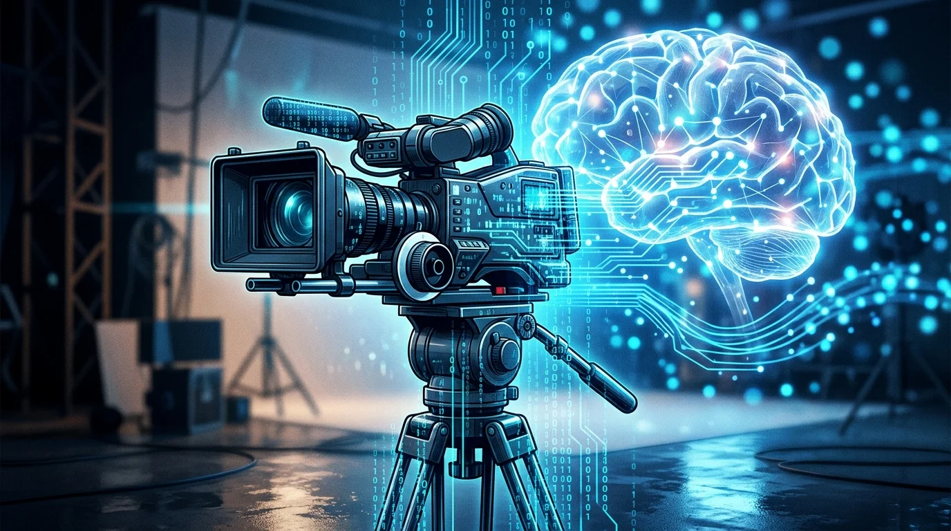 A film camera with digital data artifacts representing AI production tools.