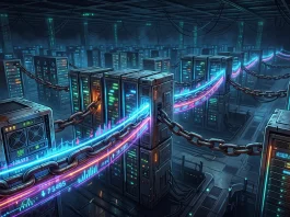 Conceptual image of server racks and metallic chains symbolizing financial debt constraints.