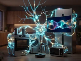 Conceptual visualization of a digital neural network connecting various smart home appliances.