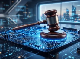 Conceptual image of a gavel on a digital circuit board representing AI law.