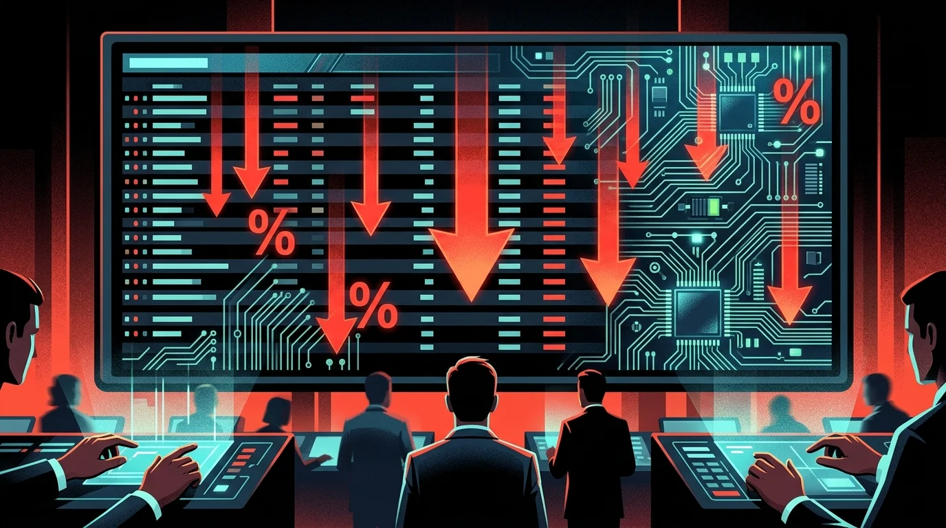 CoreWeave Bond Yields and CDS Spikes Test Private Credit's AI Infrastructure Bet 1 Abstract visualization of declining market indicators and tech hardware.