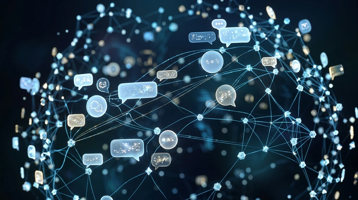 Abstract 3D render of digital nodes and connectivity symbols.