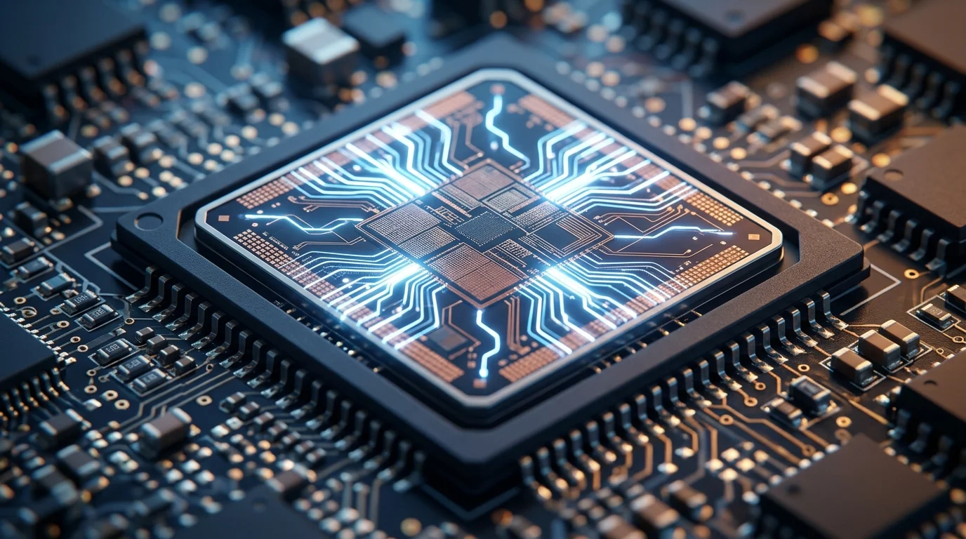 A conceptual digital illustration of a powerful AI processor chip.