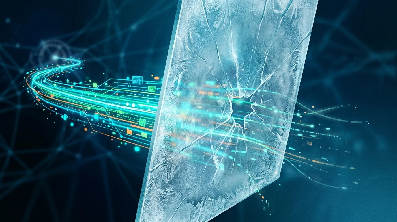 Abstract visualization of data streams hitting a frost-covered barrier.