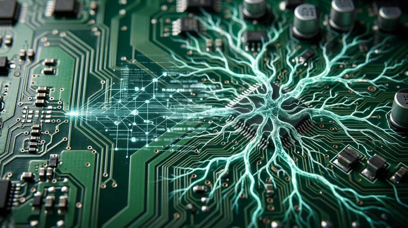 Abstract representation of AI code spreading through hardware components.