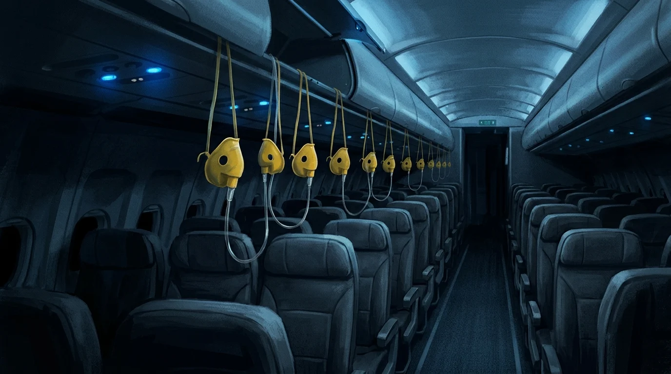 Conceptual image of oxygen masks in an empty airplane cabin.