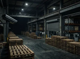 Empty pallets in a dark high-security airport cargo terminal.
